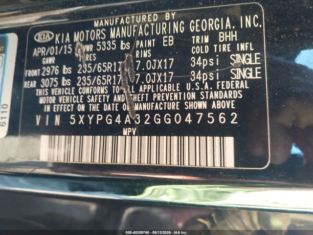45359766 :رقم المزاد ، 5XYPG4A32GG047562 vin ، 2016 Kia Sorento 2.4l Lx مزاد بيع