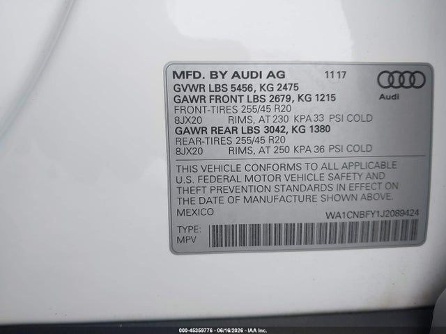 2018 Audi Q5 2.0t Premium/2.0t Tech Premium მანქანა იყიდება აუქციონზე, vin: WA1CNBFY1J2089424, აუქციონის ნომერი: 45359776