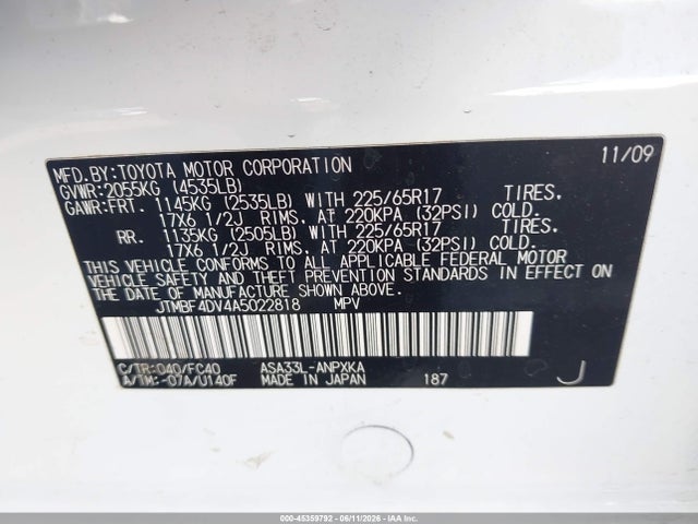 2010 Toyota Rav4 მანქანა იყიდება აუქციონზე, vin: JTMBF4DV4A5022818, აუქციონის ნომერი: 45359792