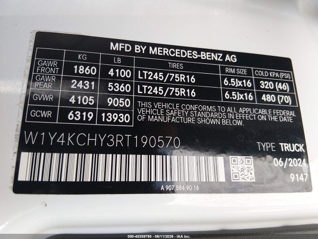 Aukcja sprzedaży 2024 Mercedes-benz Sprinter 2500 High Roof 4-cyl Diesel, vin: W1Y4KCHY3RT190570, numer aukcji: 45359795