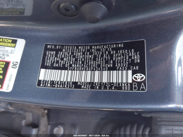 2016 Toyota Corolla Le მანქანა იყიდება აუქციონზე, vin: 5YFBURHE6GP434540, აუქციონის ნომერი: 45359807