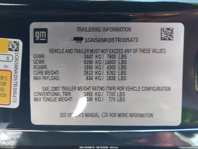 45359818 :رقم المزاد ، 1GNS6NKD5TR305473 vin ، 2026 Chevrolet Tahoe 4wd Lt مزاد بيع