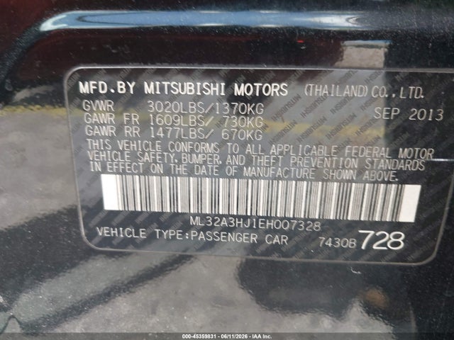 Aukcja sprzedaży 2014 Mitsubishi Mirage De, vin: ML32A3HJ1EH007328, numer aukcji: 45359831