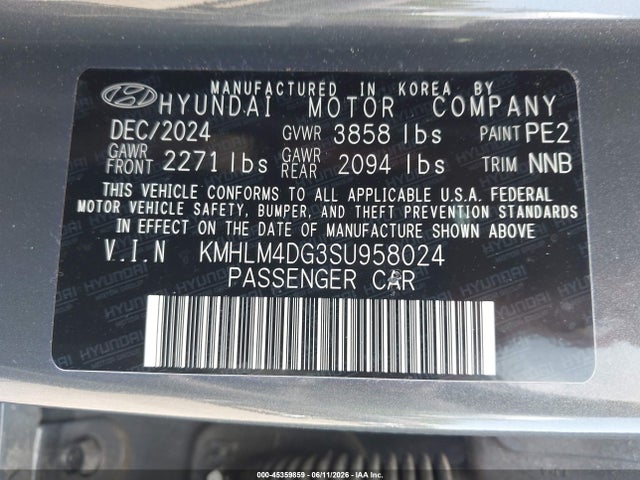 45359859 :رقم المزاد ، KMHLM4DG3SU958024 vin ، 2025 Hyundai Elantra Sel Sport مزاد بيع