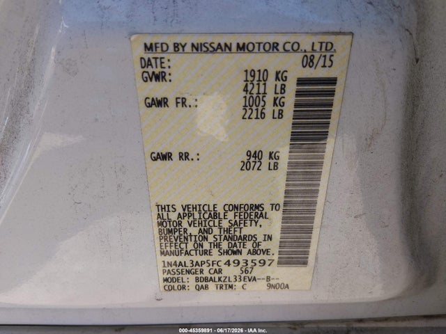 Aukcja sprzedaży 2015 Nissan Altima 2.5 Sv, vin: 1N4AL3AP5FC493597, numer aukcji: 45359891