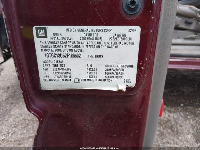 2002 Gmc Sierra 1500hd Sle მანქანა იყიდება აუქციონზე, vin: 1GTGC13U52F186502, აუქციონის ნომერი: 45359892