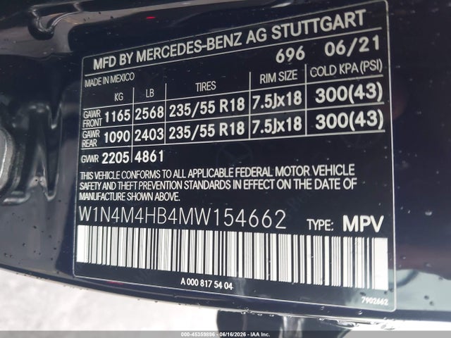 2021 Mercedes-benz Glb 250 4matic მანქანა იყიდება აუქციონზე, vin: W1N4M4HB4MW154662, აუქციონის ნომერი: 45359896
