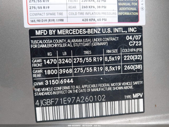 Продаж на аукціоні авто 2007 Mercedes-benz Gl 450 4matic, vin: 4JGBF71E97A260102, номер лоту: 45359908