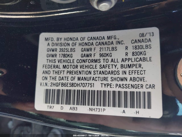 2013 Honda Civic Si მანქანა იყიდება აუქციონზე, vin: 2HGFB6E58DH707751, აუქციონის ნომერი: 45359917