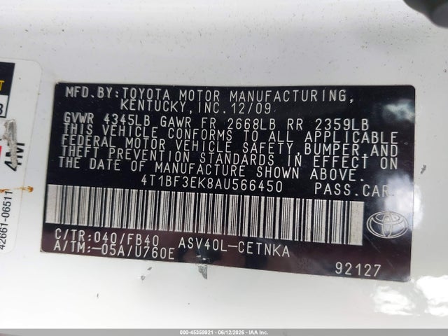 2010 Toyota Camry მანქანა იყიდება აუქციონზე, vin: 4T1BF3EK8AU566450, აუქციონის ნომერი: 45359921