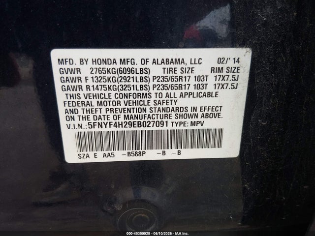 Продажа на аукционе авто 2014 Honda Pilot Lx, vin: 5FNYF4H29EB027091, номер лота: 45359928