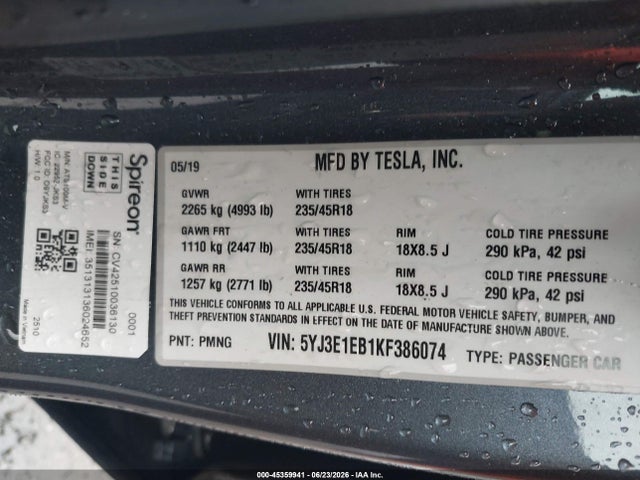 Продаж на аукціоні авто 2019 Tesla Model 3 Long Range/performance, vin: 5YJ3E1EB1KF386074, номер лоту: 45359941