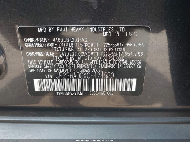 Продажа на аукционе авто 2012 Subaru Forester 2.5x Premium, vin: JF2SHADCXCH424580, номер лота: 45359947