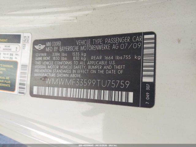 Продаж на аукціоні авто 2009 Mini Cooper, vin: WMWMF33599TU75759, номер лоту: 45359948
