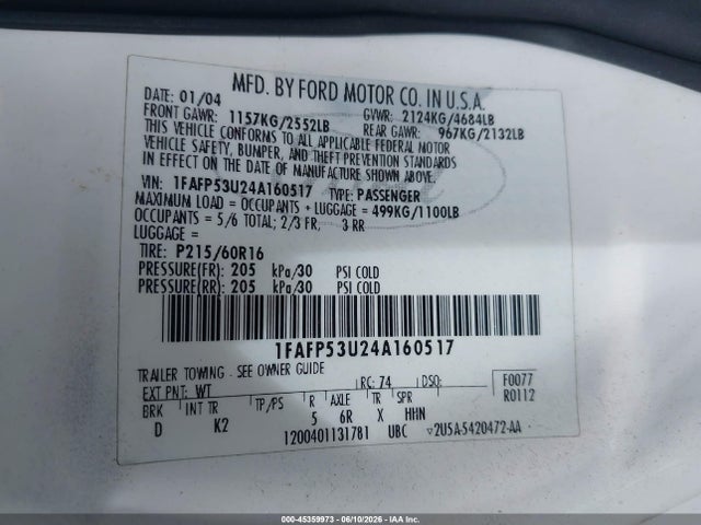 Продаж на аукціоні авто 2004 Ford Taurus Se, vin: 1FAFP53U24A160517, номер лоту: 45359973