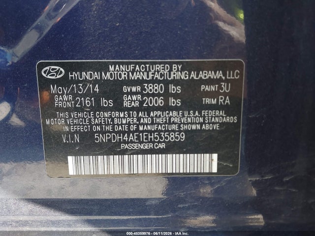 45359976 :رقم المزاد ، 5NPDH4AE1EH535859 vin ، 2014 Hyundai Elantra Se مزاد بيع