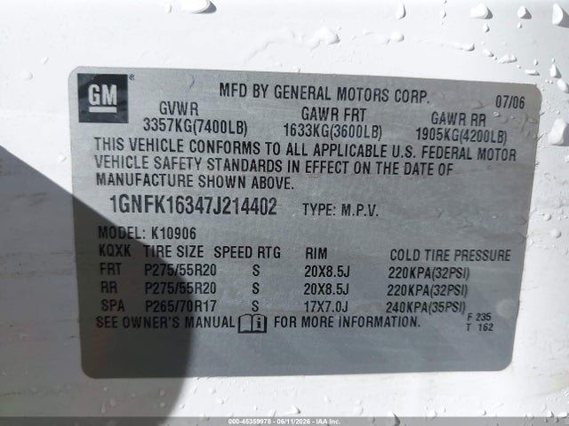 45359978 :رقم المزاد ، 1GNFK16347J214402 vin ، 2007 Chevrolet Suburban 1500 Ltz مزاد بيع