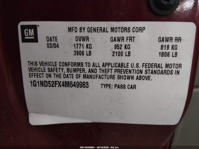 45359991 :رقم المزاد ، 1G1ND52FX4M649983 vin ، 2004 Chevrolet Classic مزاد بيع