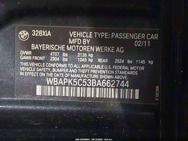Aukcja sprzedaży 2011 Bmw 328i Xdrive, vin: WBAPK5C53BA662744, numer aukcji: 45359994