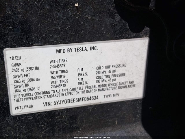 45359996 :رقم المزاد ، 5YJYGDEE5MF064634 vin ، 2021 Tesla Model Y Long Range Dual Motor All-wheel Drive مزاد بيع