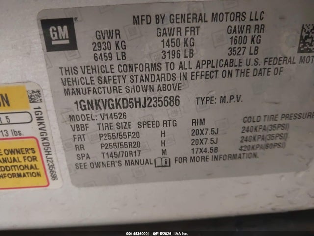 Aukcja sprzedaży 2017 Chevrolet Traverse 1lt, vin: 1GNKVGKD5HJ235686, numer aukcji: 45360001