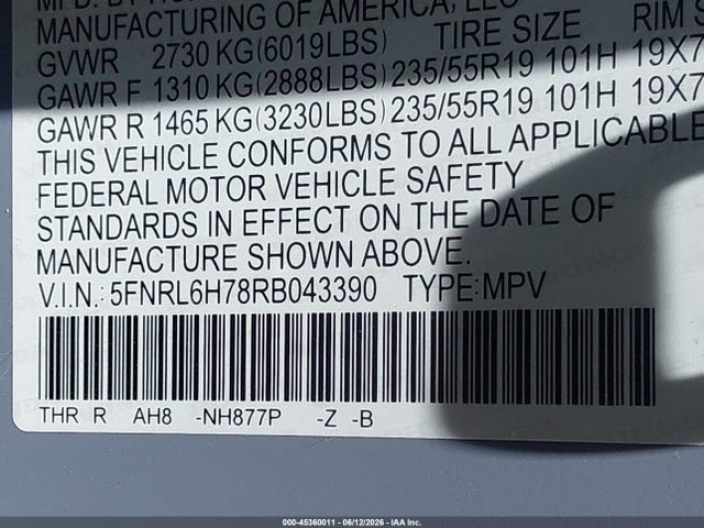5FNRL6H78RB043390 Honda Odyssey Sport