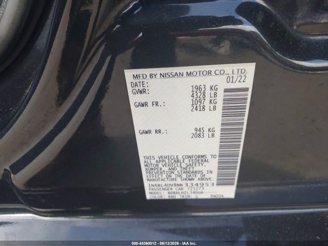 Aukcja sprzedaży 2022 Nissan Altima Sv Fwd, vin: 1N4BL4DV8NN334953, numer aukcji: 45360012