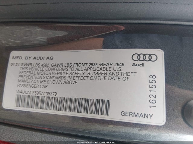 45360030 :رقم المزاد ، WAUDACF59RA108379 vin ، 2024 Audi A5 Sportback Premium 45 Tfsi S Line Quattro S Tronic مزاد بيع