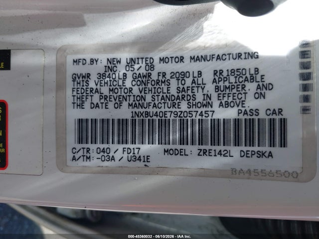 45360032 :رقم المزاد ، 1NXBU40E79Z057457 vin ، 2009 Toyota Corolla S مزاد بيع