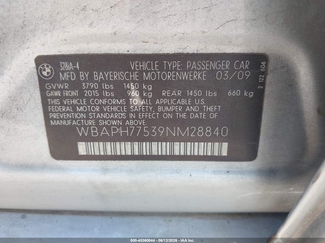 45360044 :رقم المزاد ، WBAPH77539NM28840 vin ، 2009 Bmw 328i مزاد بيع