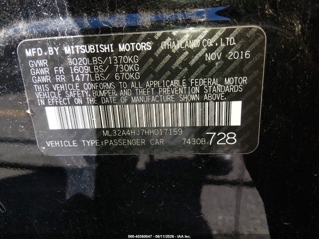 45360047 :رقم المزاد ، ML32A4HJ7HH017159 vin ، 2017 Mitsubishi Mirage Se مزاد بيع