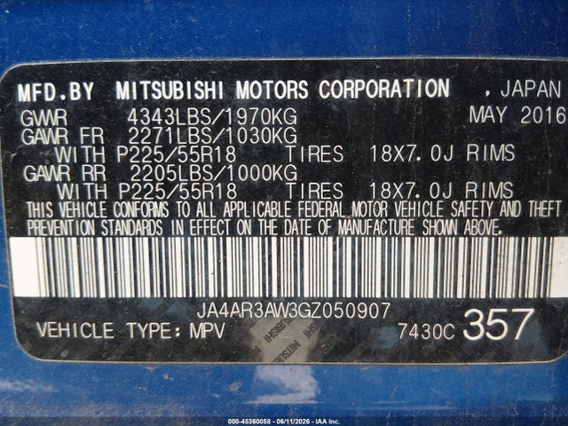 Aukcja sprzedaży 2016 Mitsubishi Outlander Sport 2.4 Es, vin: JA4AR3AW3GZ050907, numer aukcji: 45360058