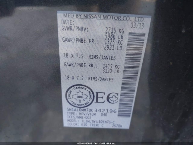 Продажа на аукционе авто 2013 Infiniti Jx35, vin: 5N1AL0MM7DC342196, номер лота: 45360086