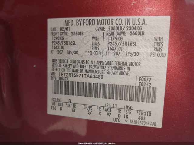 45360088 :رقم المزاد ، 1FTZR15E71TA64480 vin ، 2001 Ford Ranger Edge/xlt مزاد بيع