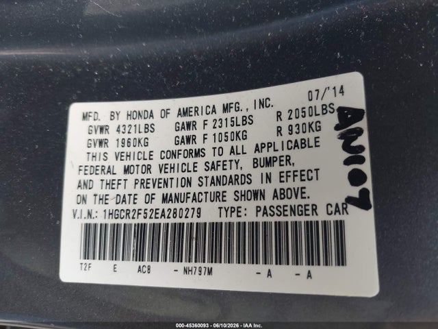 Honda Accord Sport 2014 1HGCR2F52EA280279 Image 9