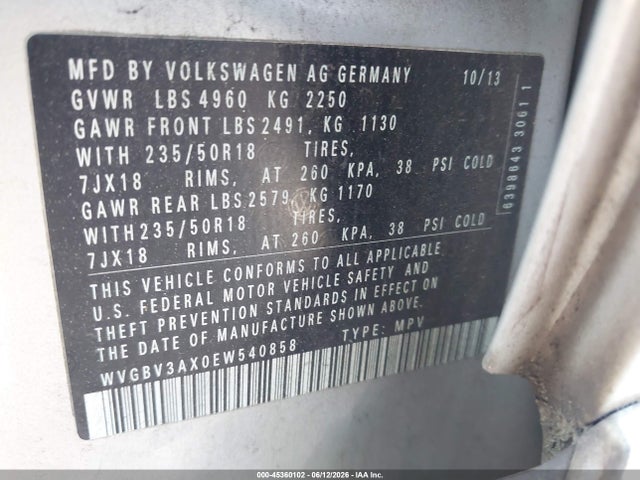 Продаж на аукціоні авто 2014 Volkswagen Tiguan Sel, vin: WVGBV3AX0EW540858, номер лоту: 45360102