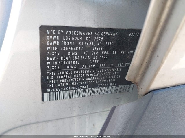 Aukcja sprzedaży 2017 Volkswagen Tiguan 2.0t/2.0t S, vin: WVGBV7AX3HK047338, numer aukcji: 45360123