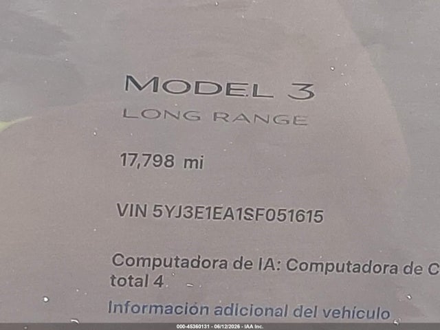 Aukcja sprzedaży 2025 Tesla Model 3 Long Range Rear-wheel Drive/standard Rear-wheel Drive, vin: 5YJ3E1EA1SF051615, numer aukcji: 45360131