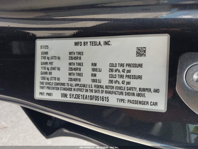 Aukcja sprzedaży 2025 Tesla Model 3 Long Range Rear-wheel Drive/standard Rear-wheel Drive, vin: 5YJ3E1EA1SF051615, numer aukcji: 45360131