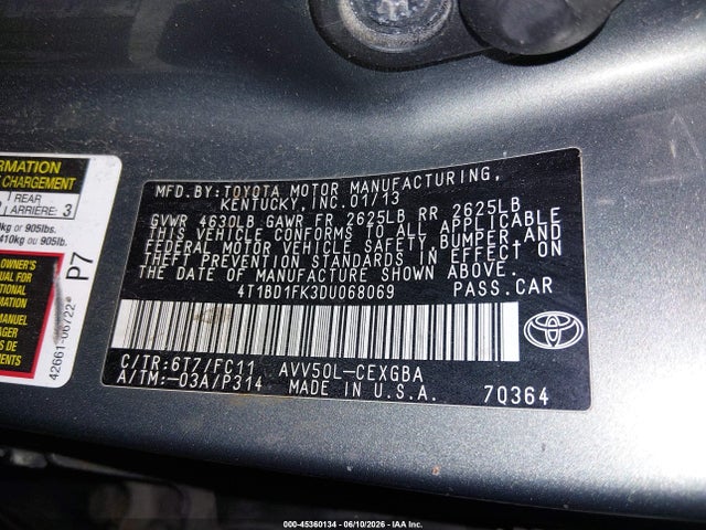 Aukcja sprzedaży 2013 Toyota Camry Hybrid Xle, vin: 4T1BD1FK3DU068069, numer aukcji: 45360134