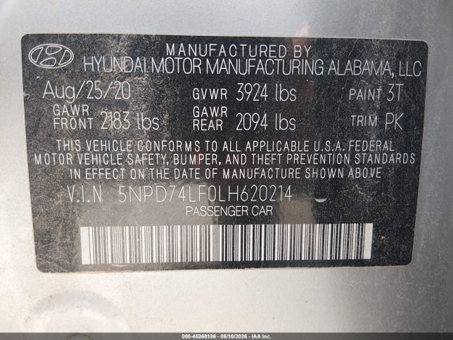 5NPD74LF0LH620214 Hyundai ELANTRA SE