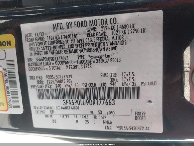 Aukcja sprzedaży 2013 Ford Fusion Hybrid Se, vin: 3FA6P0LU9DR177663, numer aukcji: 45360145