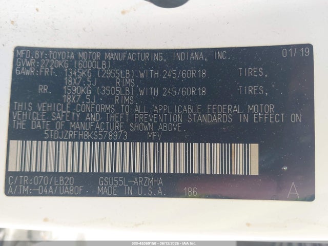 Продаж на аукціоні авто 2019 Toyota Highlander Xle, vin: 5TDJZRFH8KS578973, номер лоту: 45360158