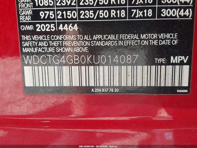 45360166 :رقم المزاد ، WDCTG4GB0KU014087 vin ، 2019 Mercedes-benz Gla 250 4matic مزاد بيع