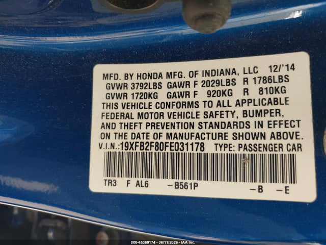 Продажа на аукционе авто 2015 Honda Civic Ex, vin: 19XFB2F80FE031178, номер лота: 45360174