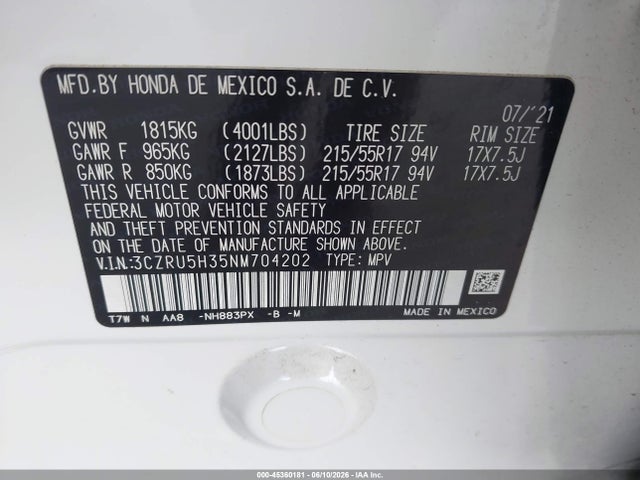 Aukcja sprzedaży 2022 Honda Hr-v 2wd Lx, vin: 3CZRU5H35NM704202, numer aukcji: 45360181