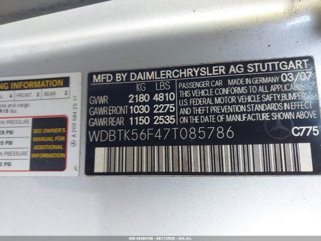 Aukcja sprzedaży 2007 Mercedes-benz Clk 350, vin: WDBTK56F47T085786, numer aukcji: 45360196