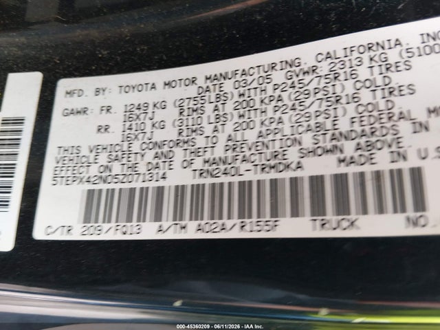 Aukcja sprzedaży 2005 Toyota Tacoma, vin: 5TEPX42N05Z071314, numer aukcji: 45360209