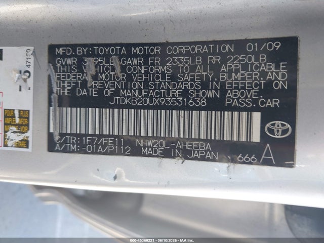 45360221 :رقم المزاد ، JTDKB20UX93531638 vin ، 2009 Toyota Prius مزاد بيع
