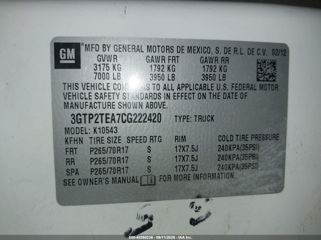 Aukcja sprzedaży 2012 Gmc Sierra 1500 Work Truck, vin: 3GTP2TEA7CG222420, numer aukcji: 45360236